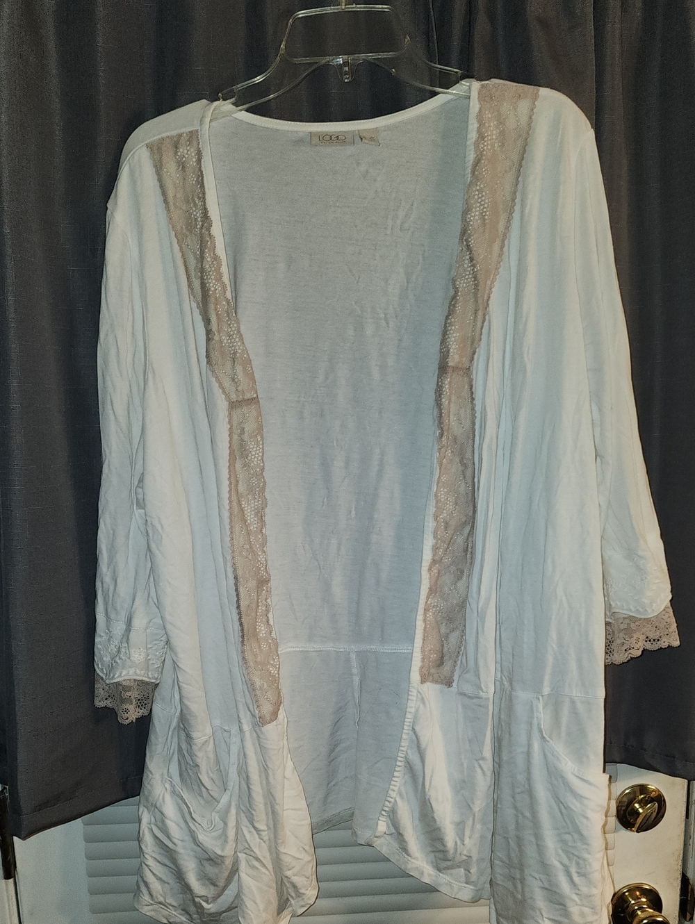 Logo White Cardigan with Taupe Lace Trim